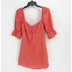 Wilfred Stanza Dress Small Coral Pink Linen Puff Sleeve Square Neck Lace-Up